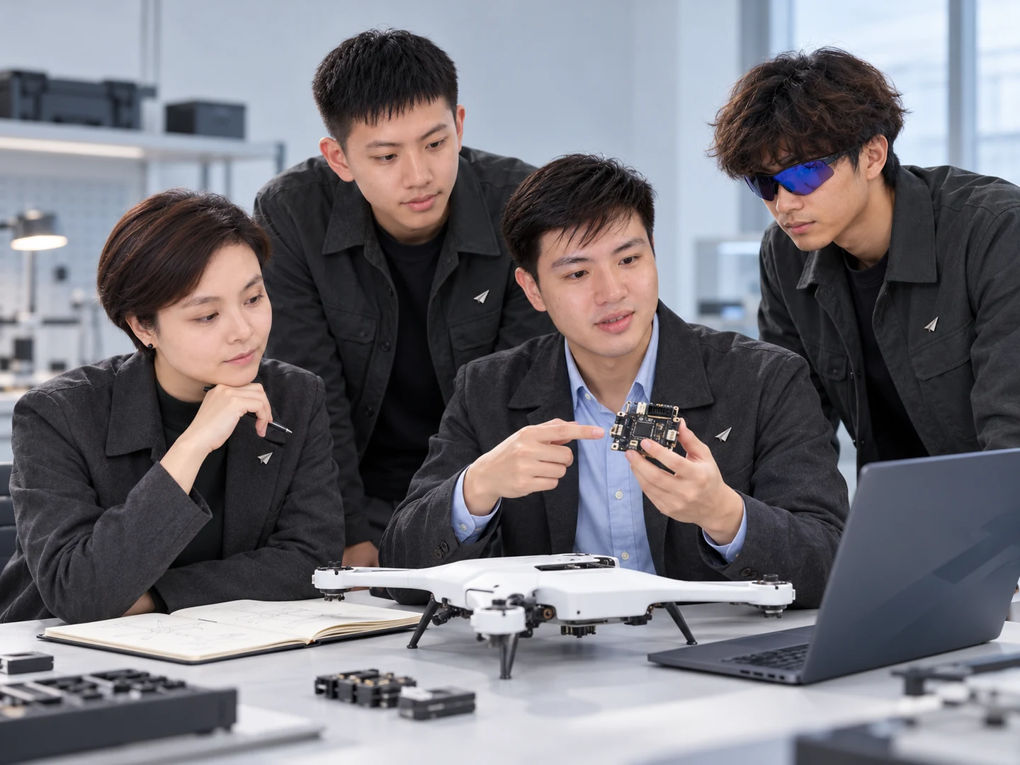 AI-generated illustration of the original four Hé Jī team members discussing equipment at a workbench